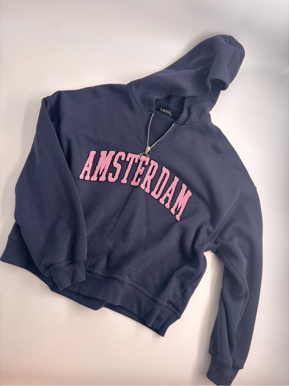 Amsterdam Cropped Hoodie - Navy with Pink Logo